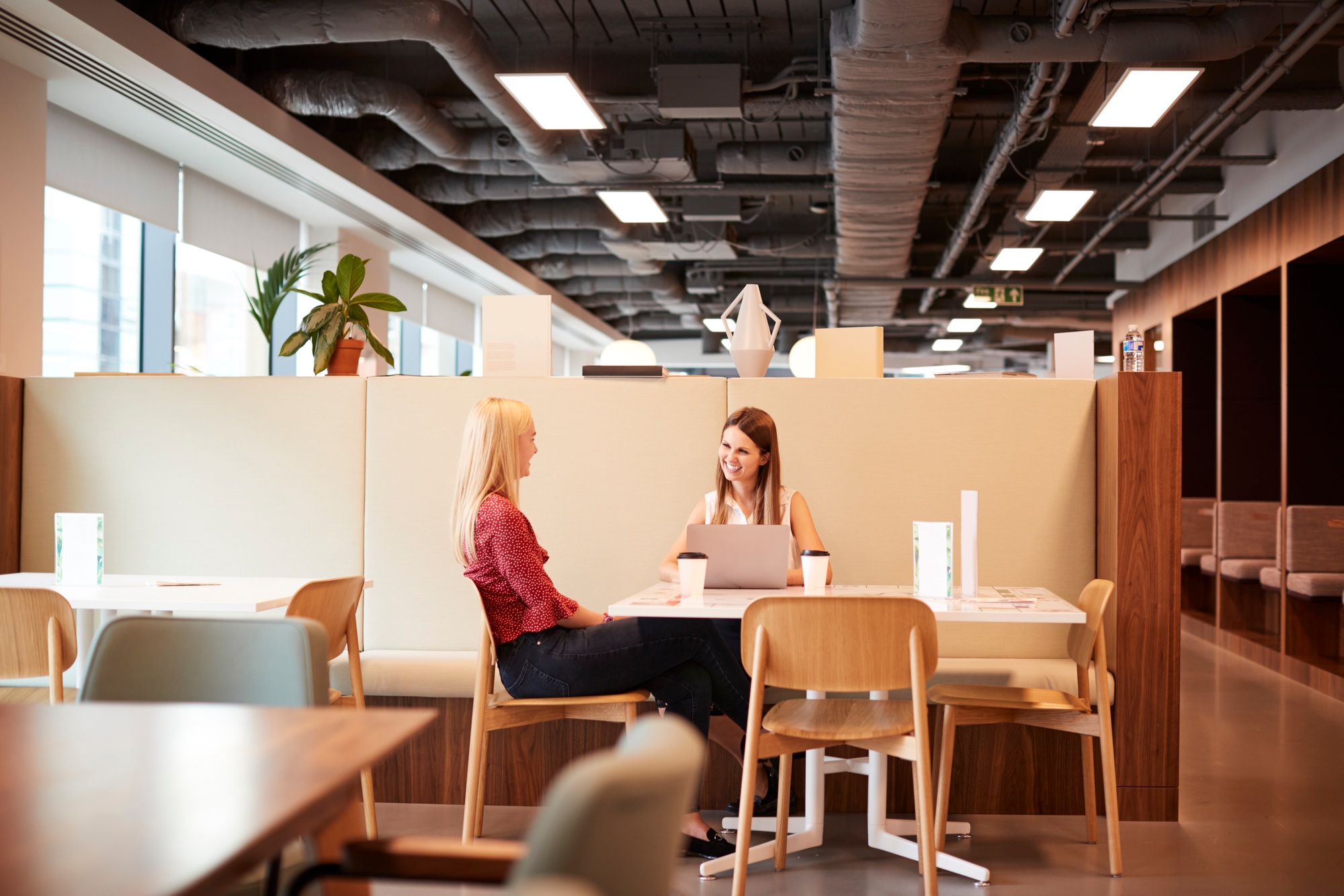 Two Young Businesswomen Having Informal Interview In Cafeteria Area